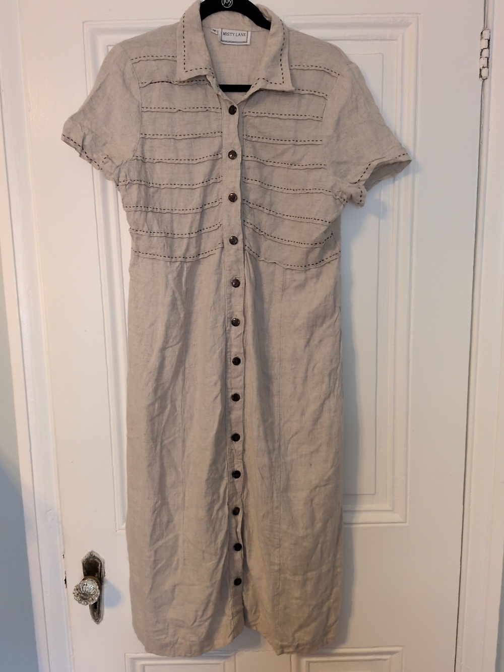 Vintage Neutral Linen Button-Front Maxi Dress